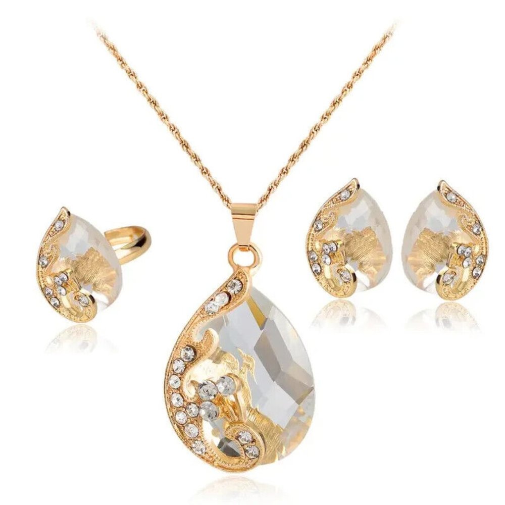 Brand New! Peacock Drop Necklace Earrings Ring Three Piece Set